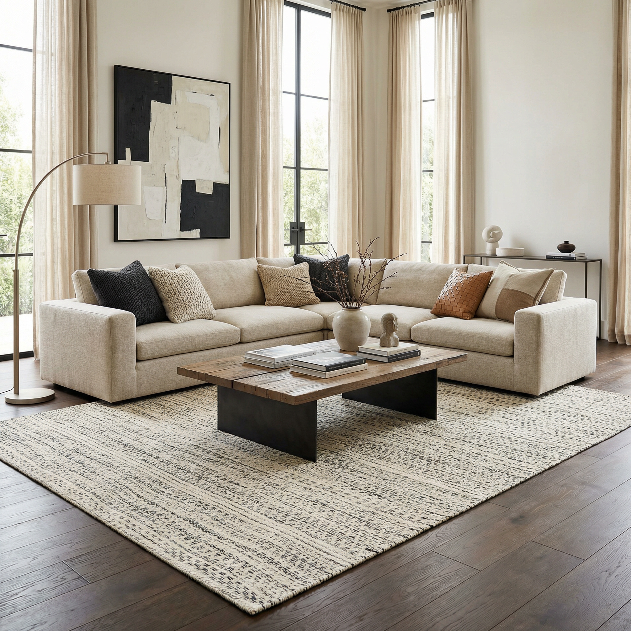 Wyla Wool Area Rug Hand Woven Medium Pile Cream Black