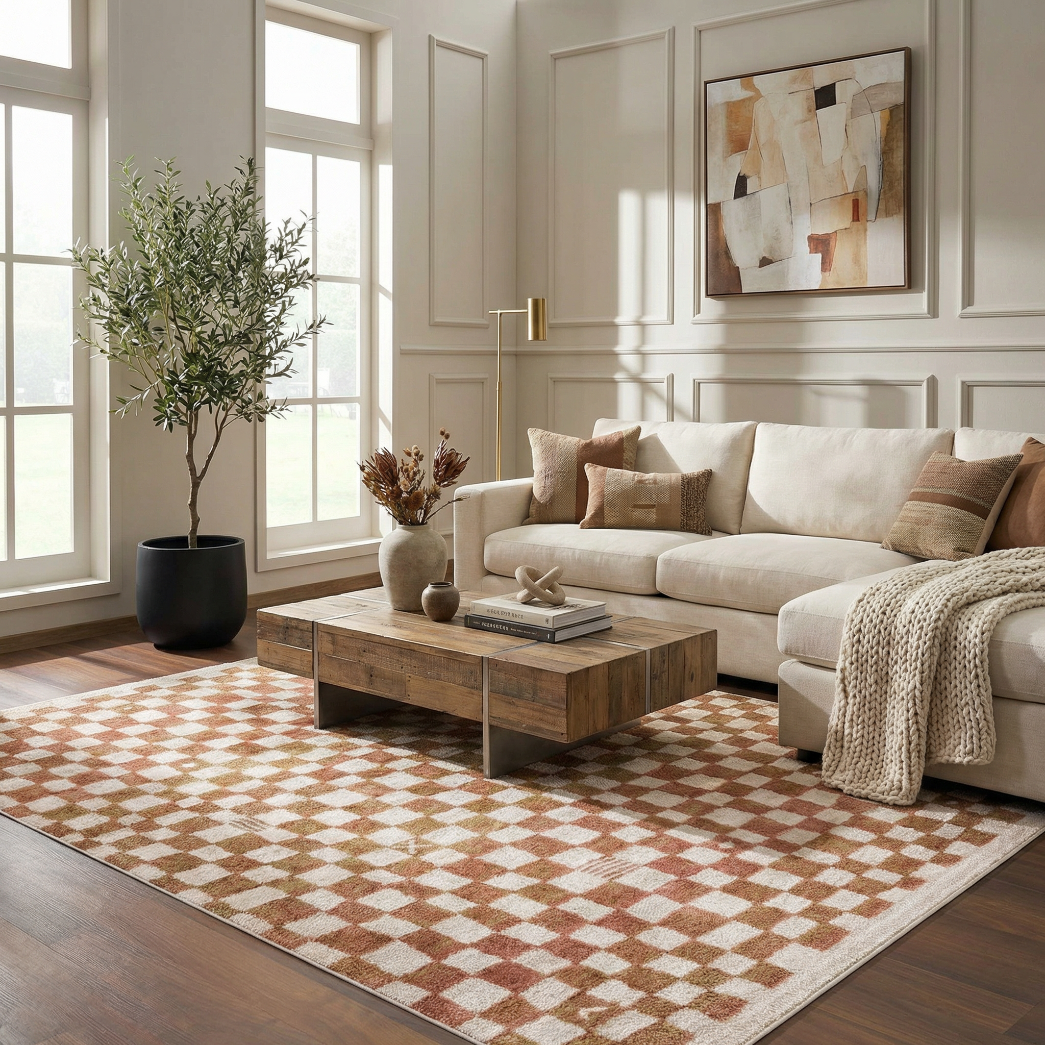 Benjy Irregular Checkboard Rug - Cream&Salmon