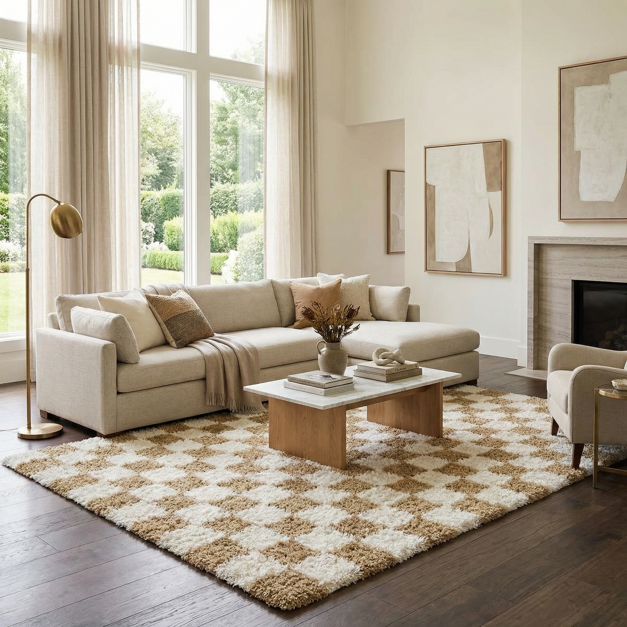Astra Area Rug  Mustard Checkered, Plush Pile, Machine Woven