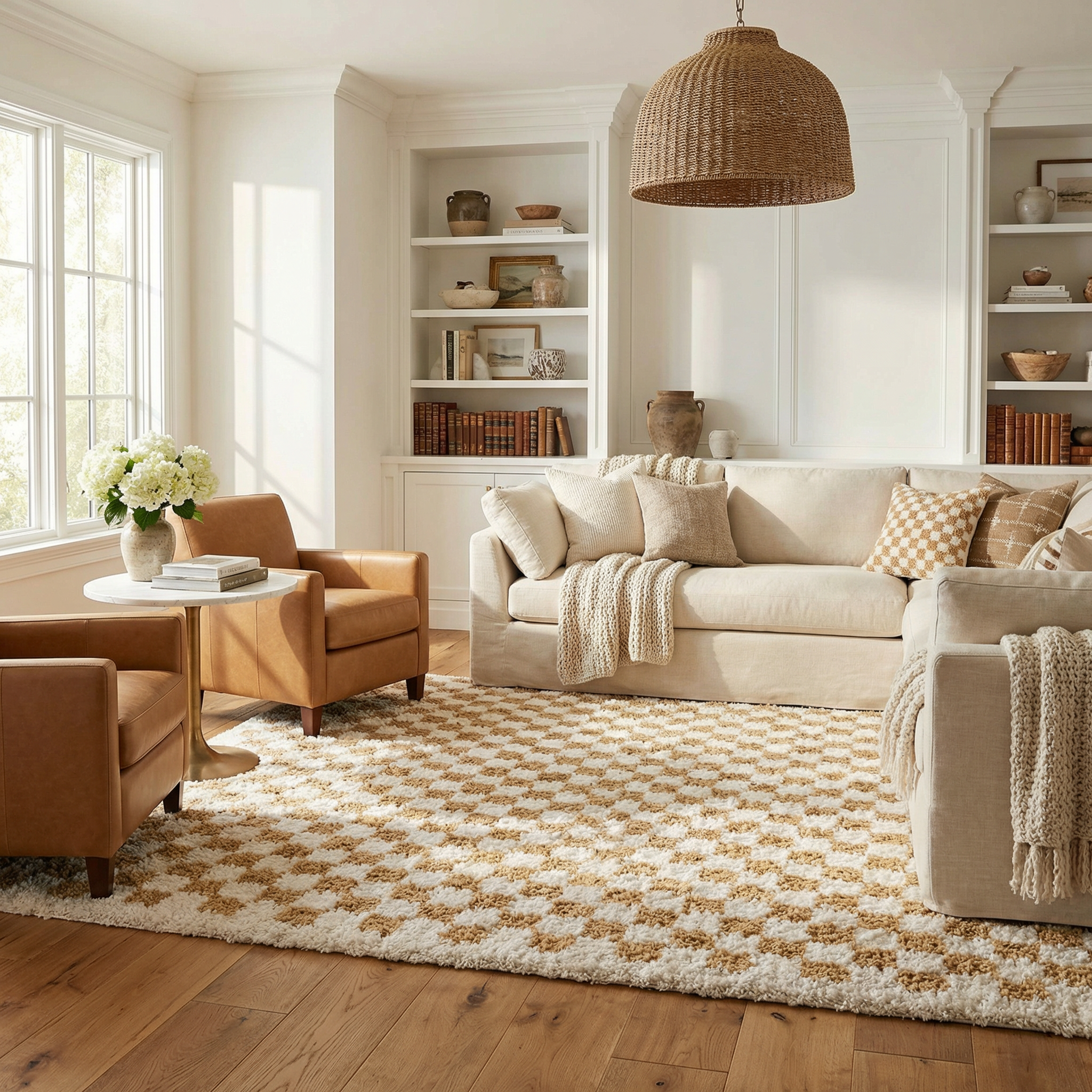 Kira Area Rug  Checkered Plush Pile, Mustard & Ivory