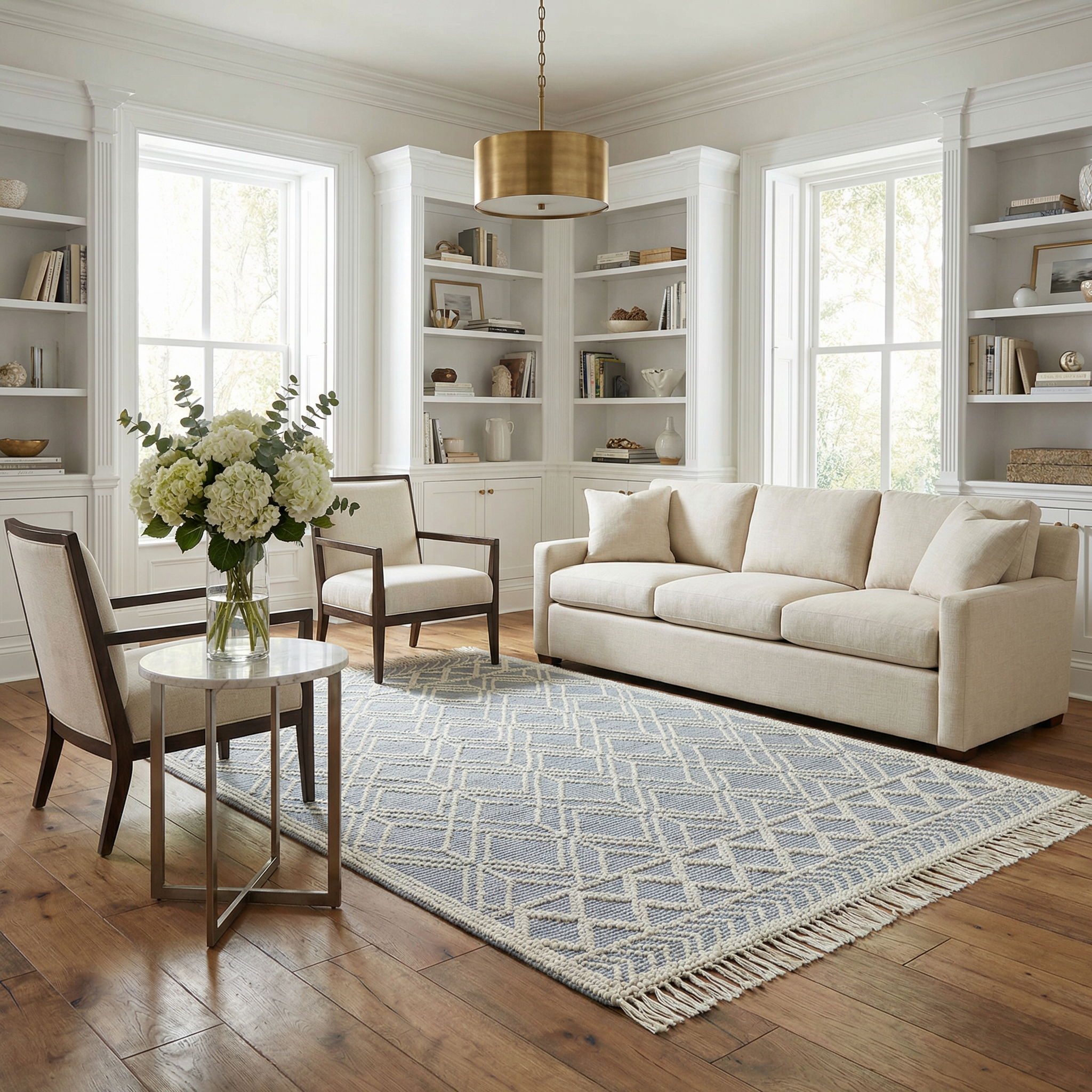 Dune Wool Rug  Hand Woven  Denim Blue Trellis Design