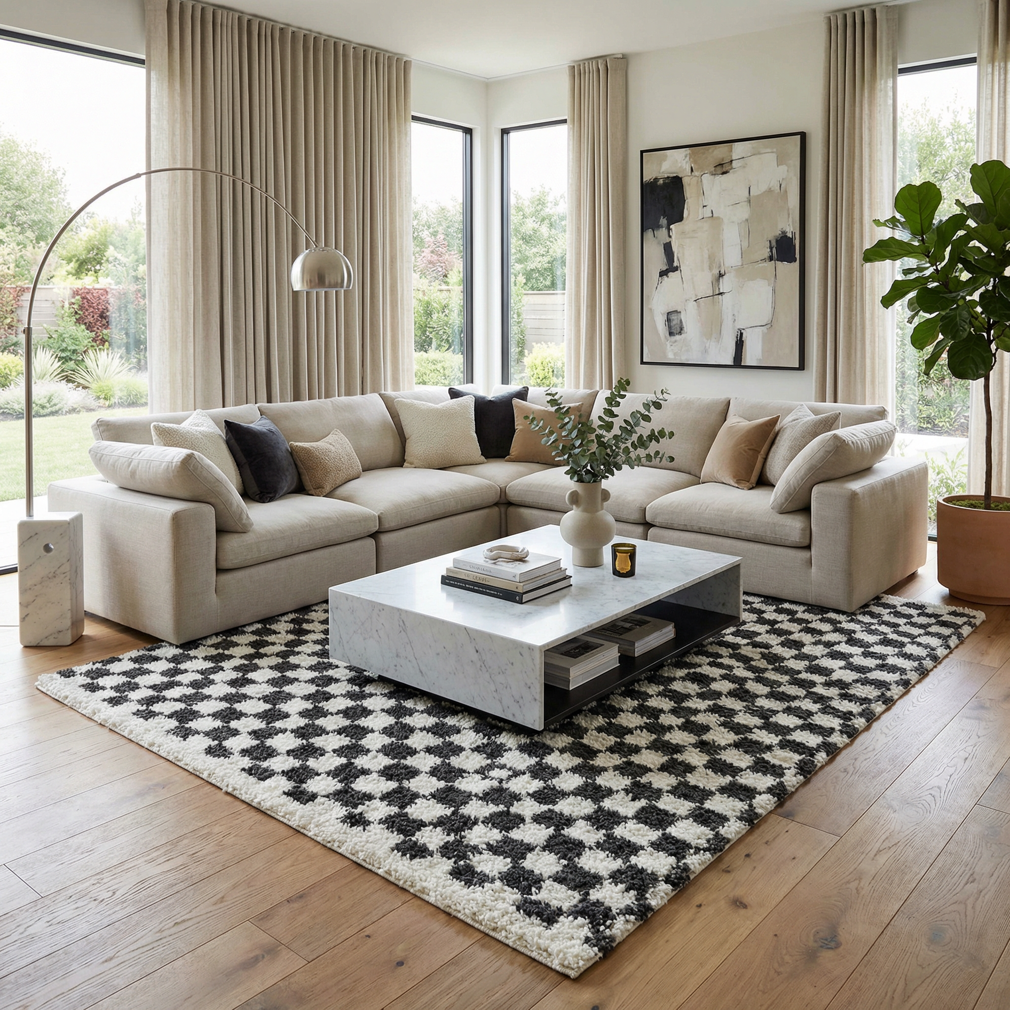 Kieu Checkered Shag Rug  Plush Pile, 100% Polyester, Gray/White