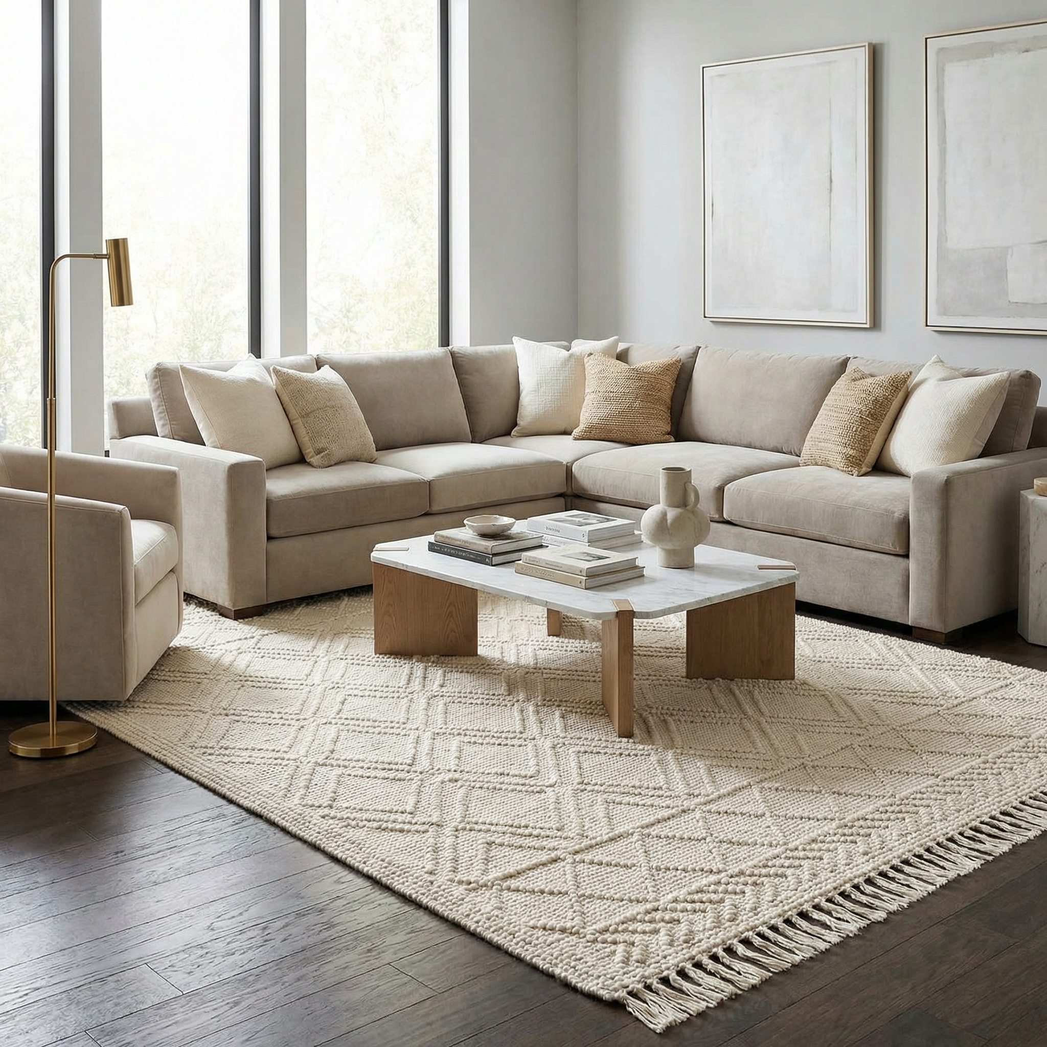 Bela Trellis Wool Rug  Hand-Woven Cotton Blend, Ivory Beige