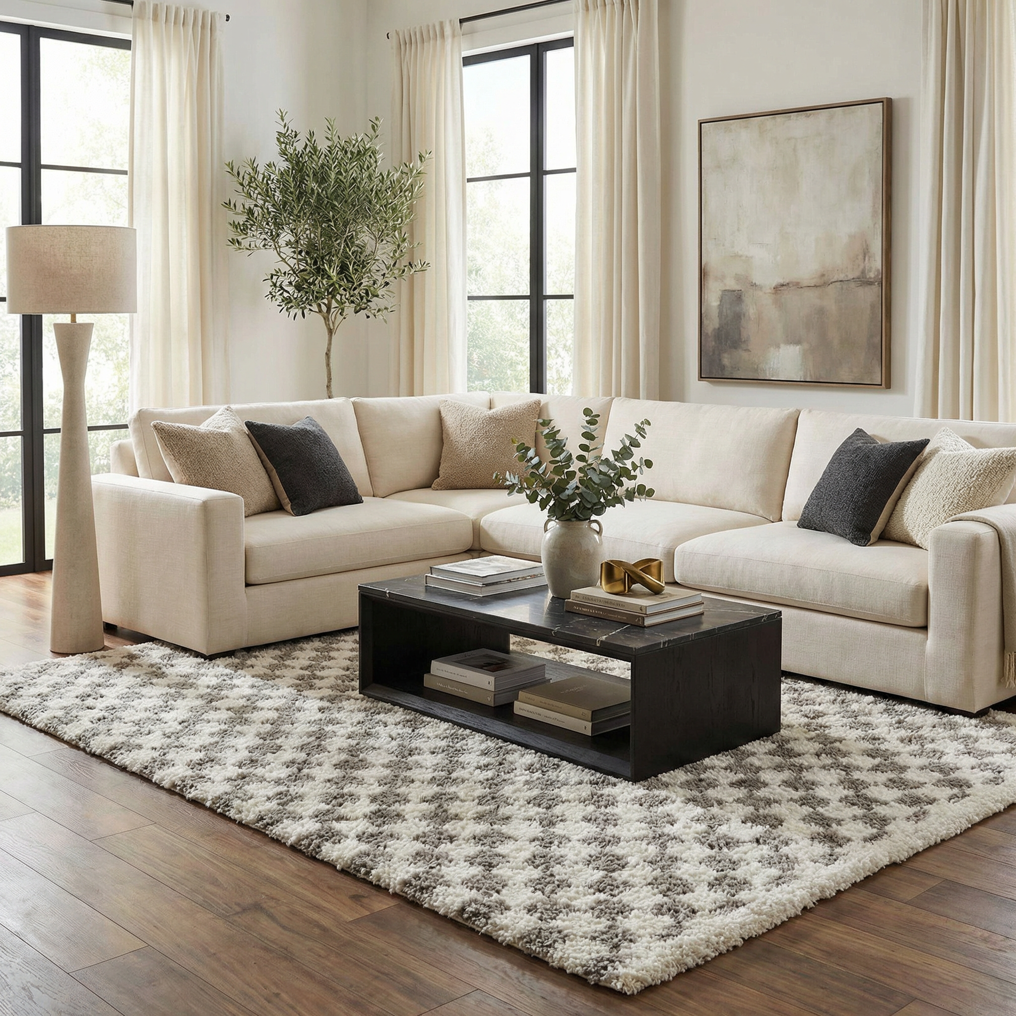 Kairo Checkered Plush Rug 100% Polyester Machine Woven