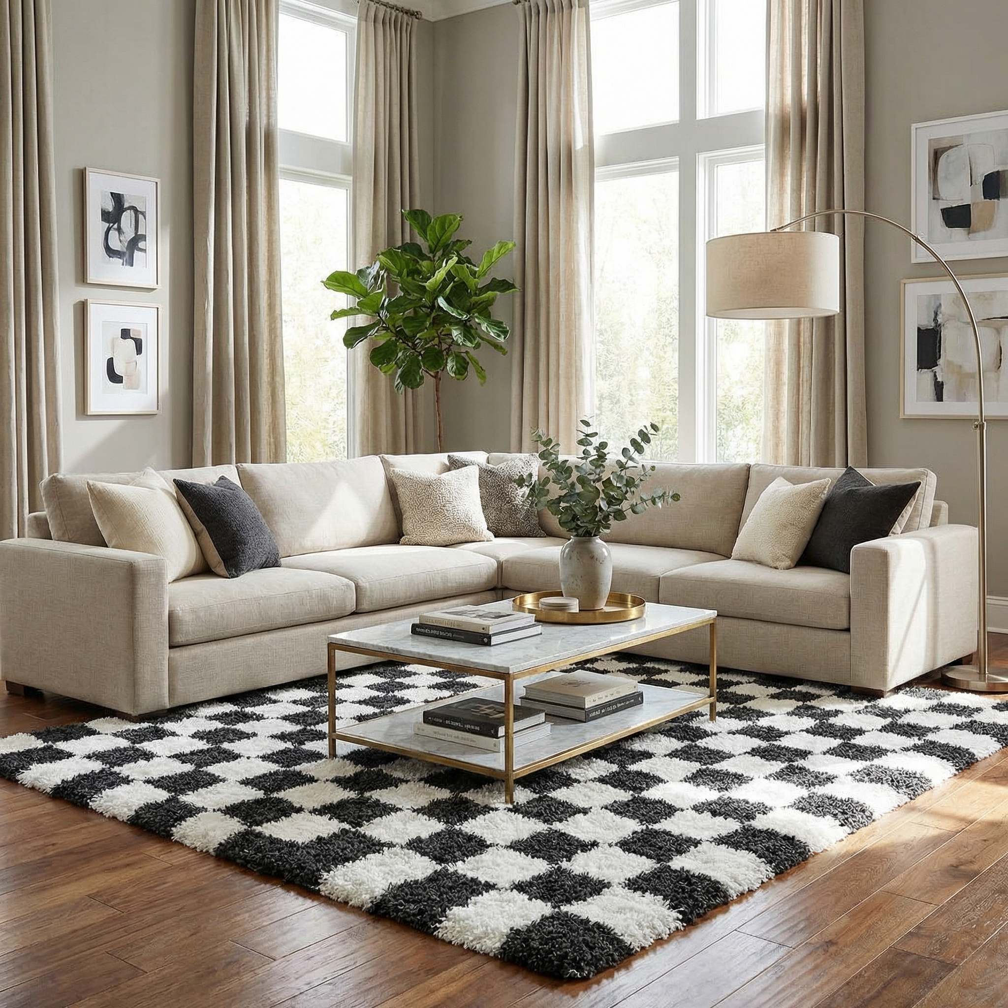 Bento Area Rug  Black & White Checkered  Plush Pile