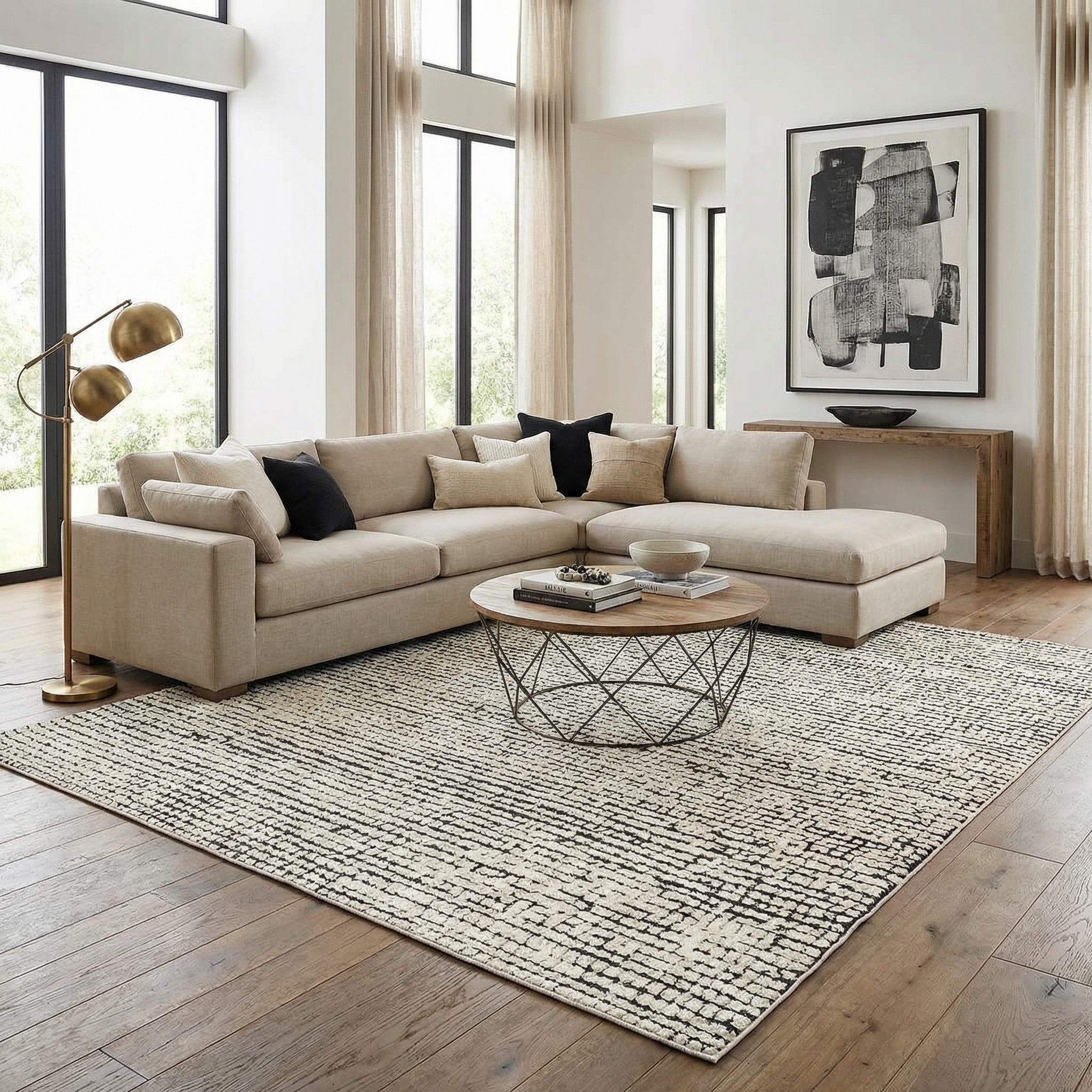 Kairo Plush Rug  High Pile, Black & White Mosaic Design
