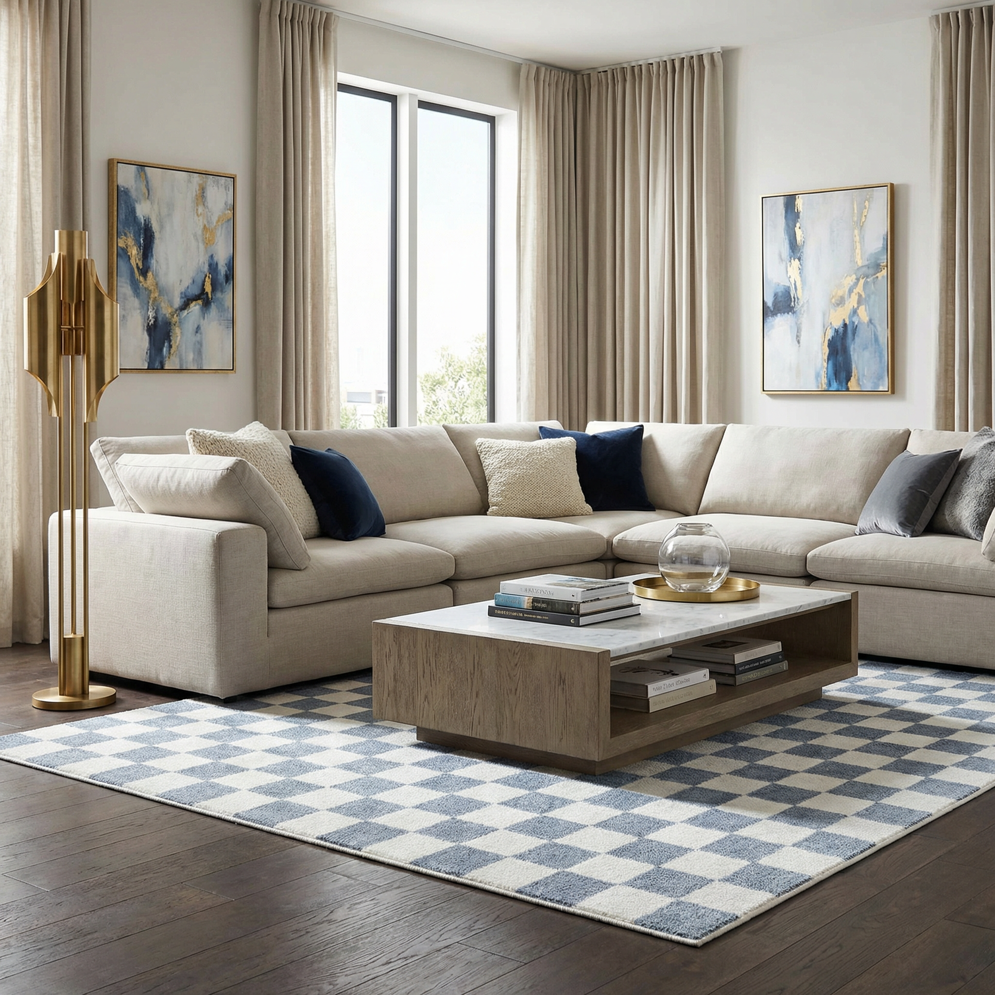 Bento Blue Checkered Rug  Washable Polyester, Medium Pile