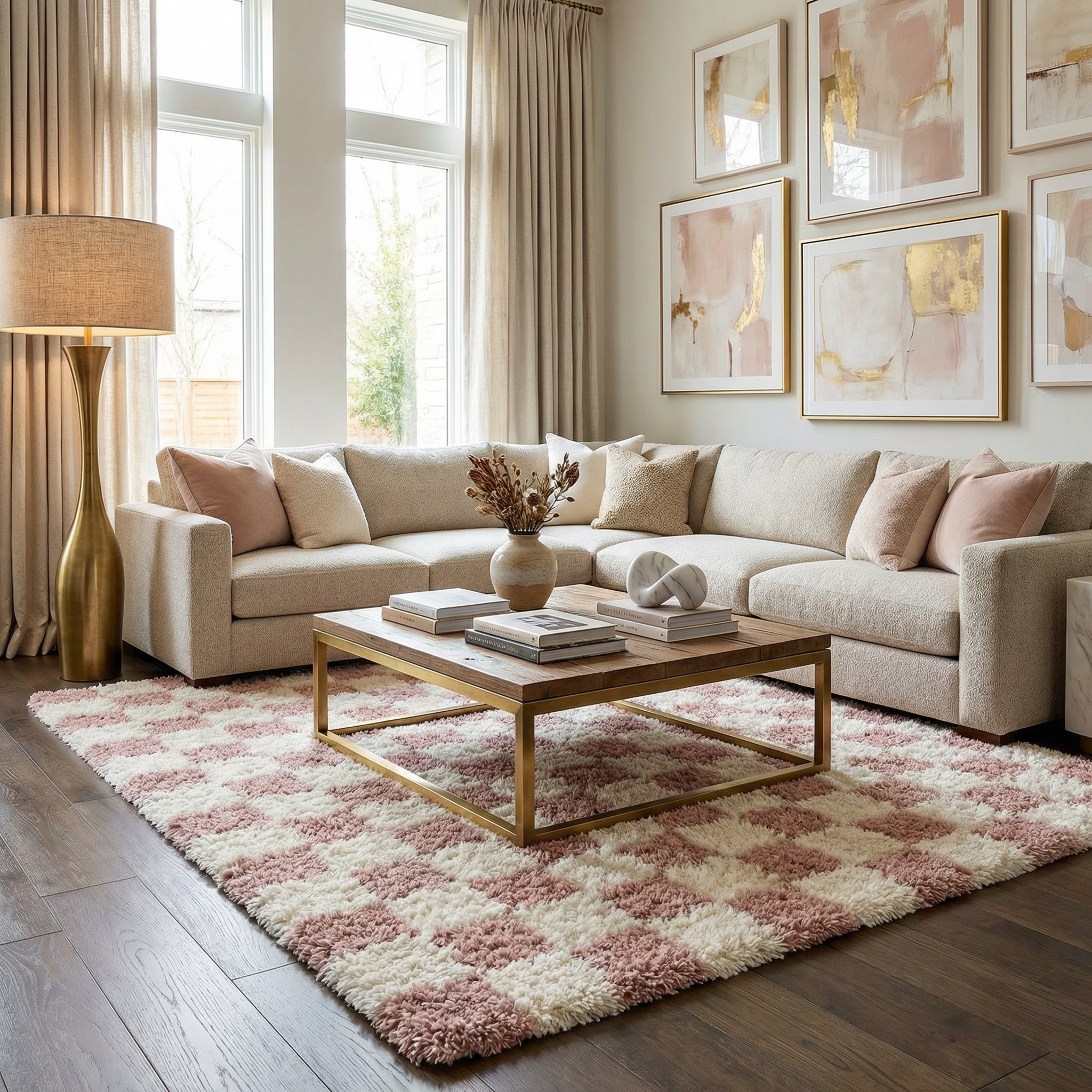 Avara Shag Rug  Plush Pile, Machine Woven, Pink Checkered
