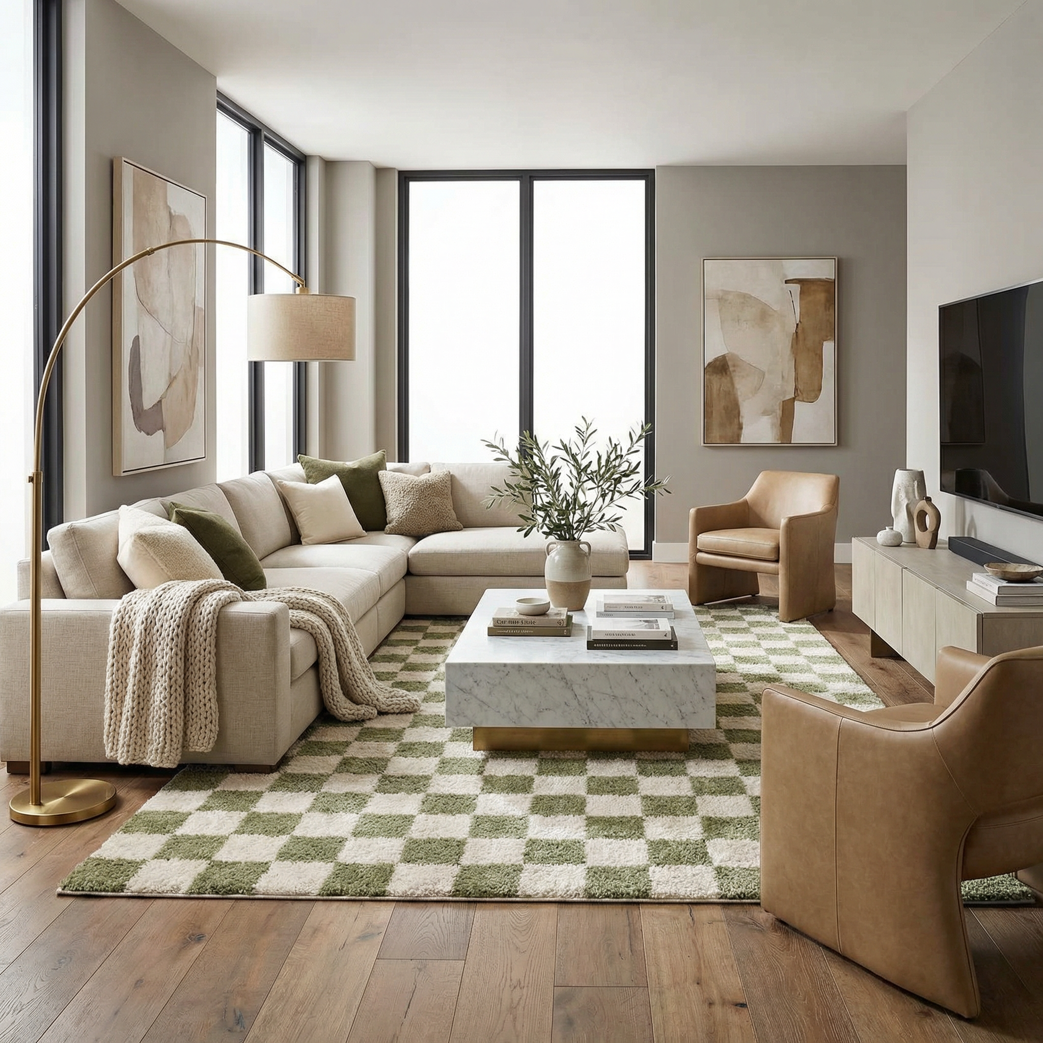 Cielo Green Checkered Rug  Machine Washable, High Pile