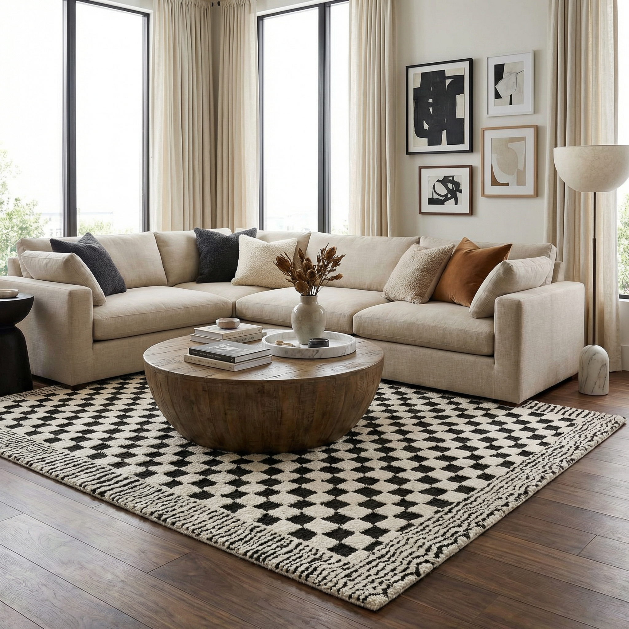 Leryn Area Rug  High Pile, Checkered Design in Black & Ivory