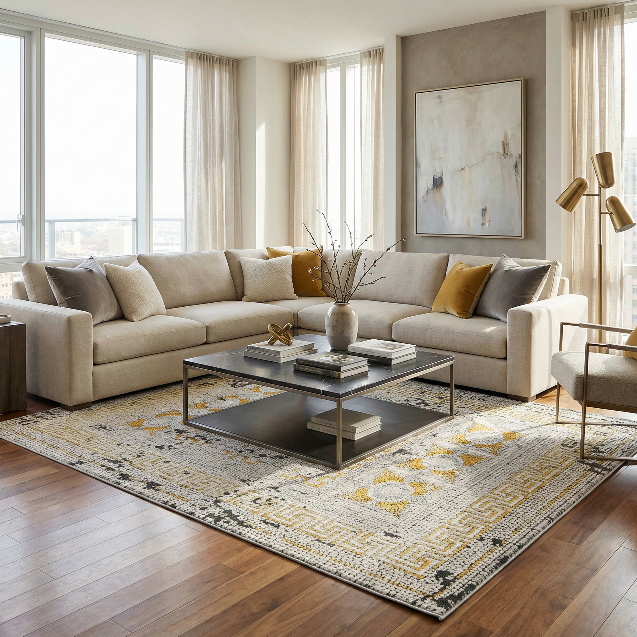Mosaic Mustard Area Rug  Bohemian Machine Woven  Medium Pile