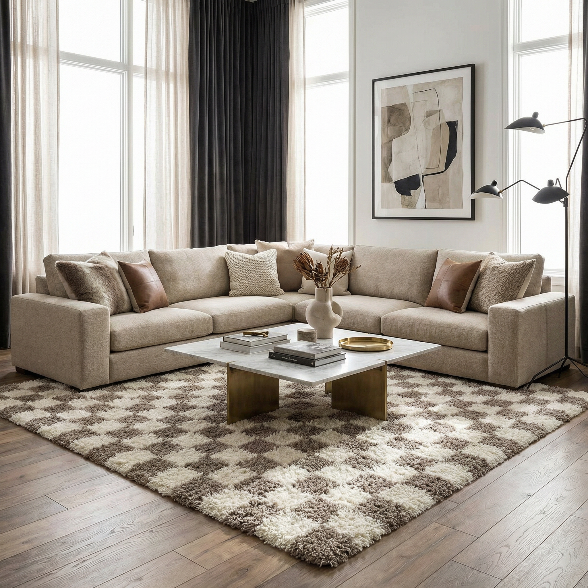 Bello Area Rug  Plush Pile, Machine Woven, Brown Checkered