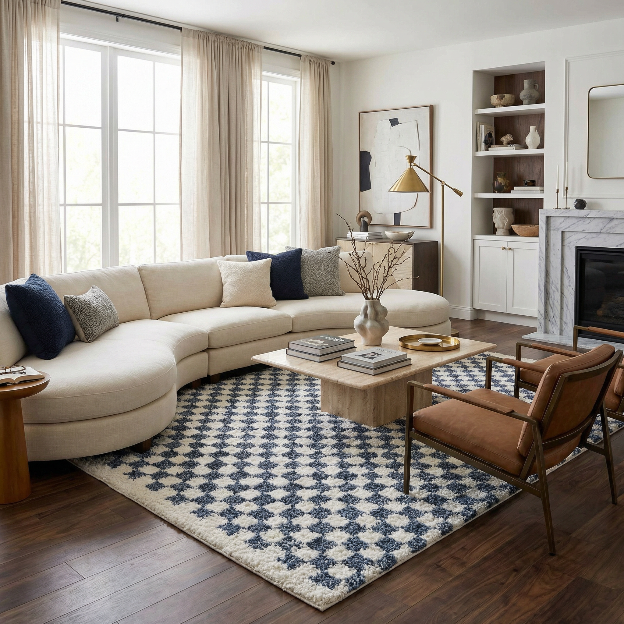 Breezy Blue & White Checkered Area Rug  Plush Polyester, Machine Woven