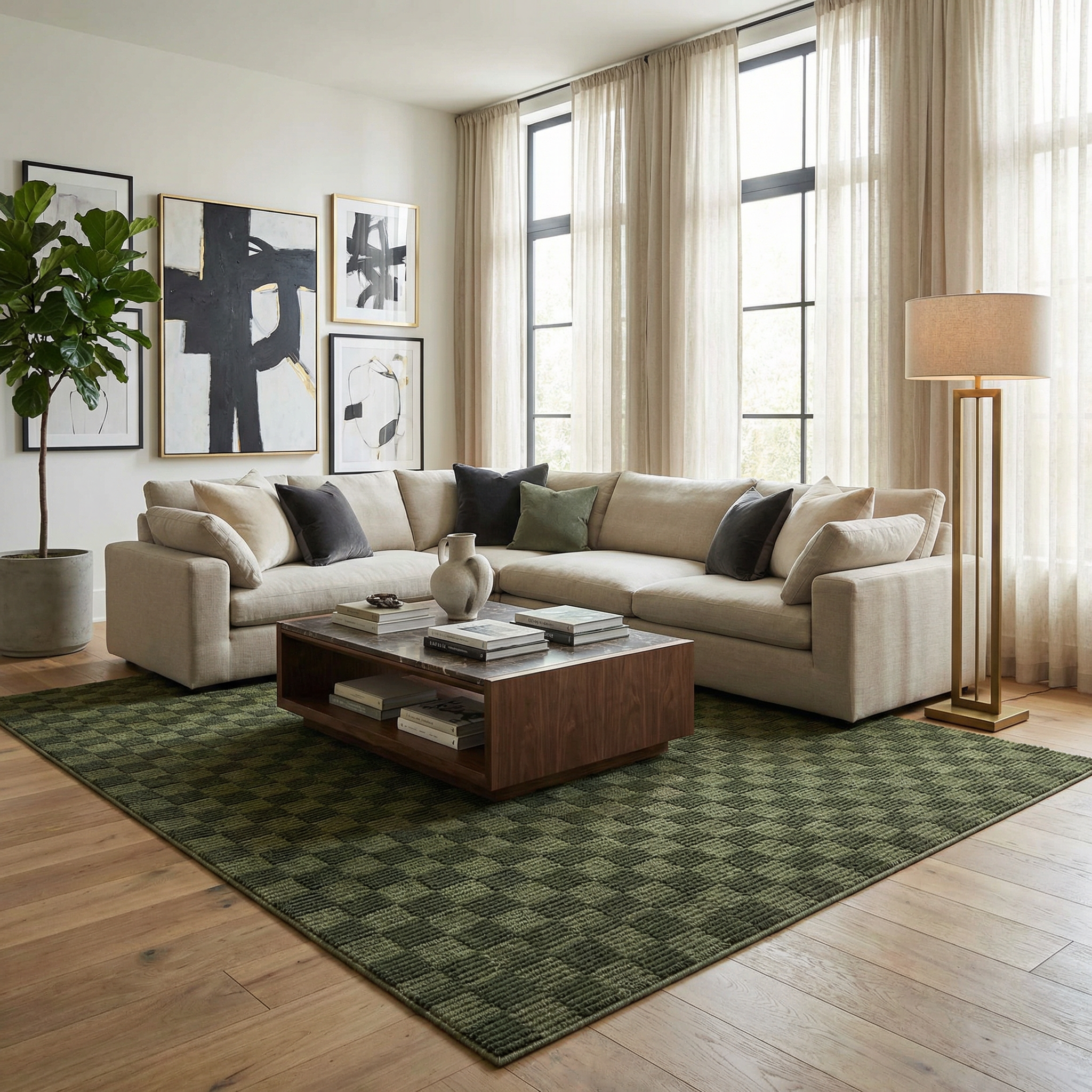 Trio Checkered Rug  Machine Washable  Green Polyester