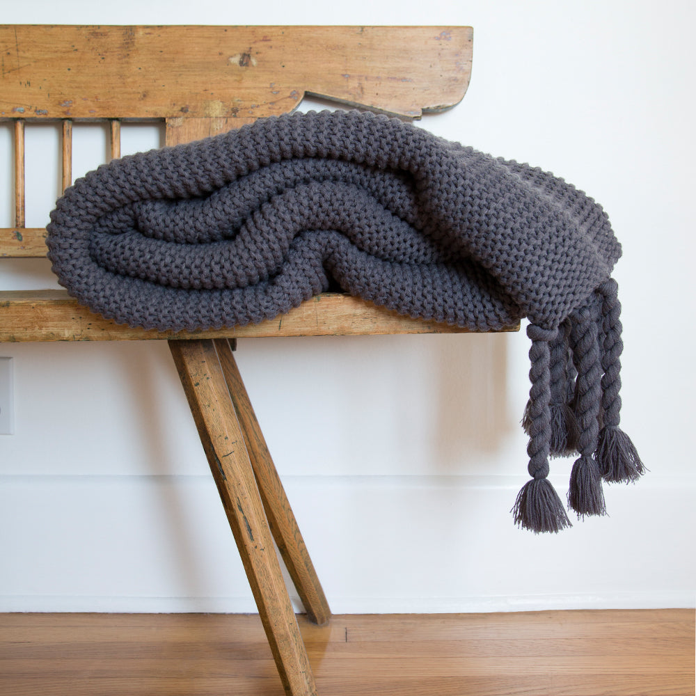 Trestle Knit Throw | Chunky Weave, Braided Tassels