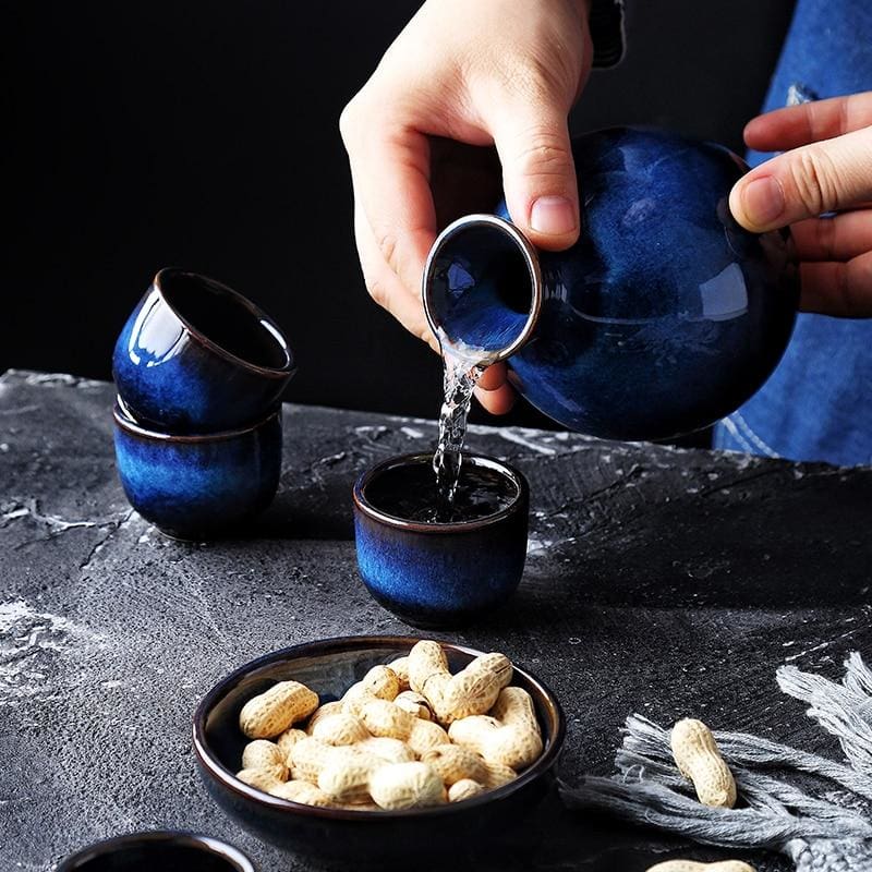 Bento Sake Set | Handgemaakt Keramiek, Indigo Blauw - 5-delig