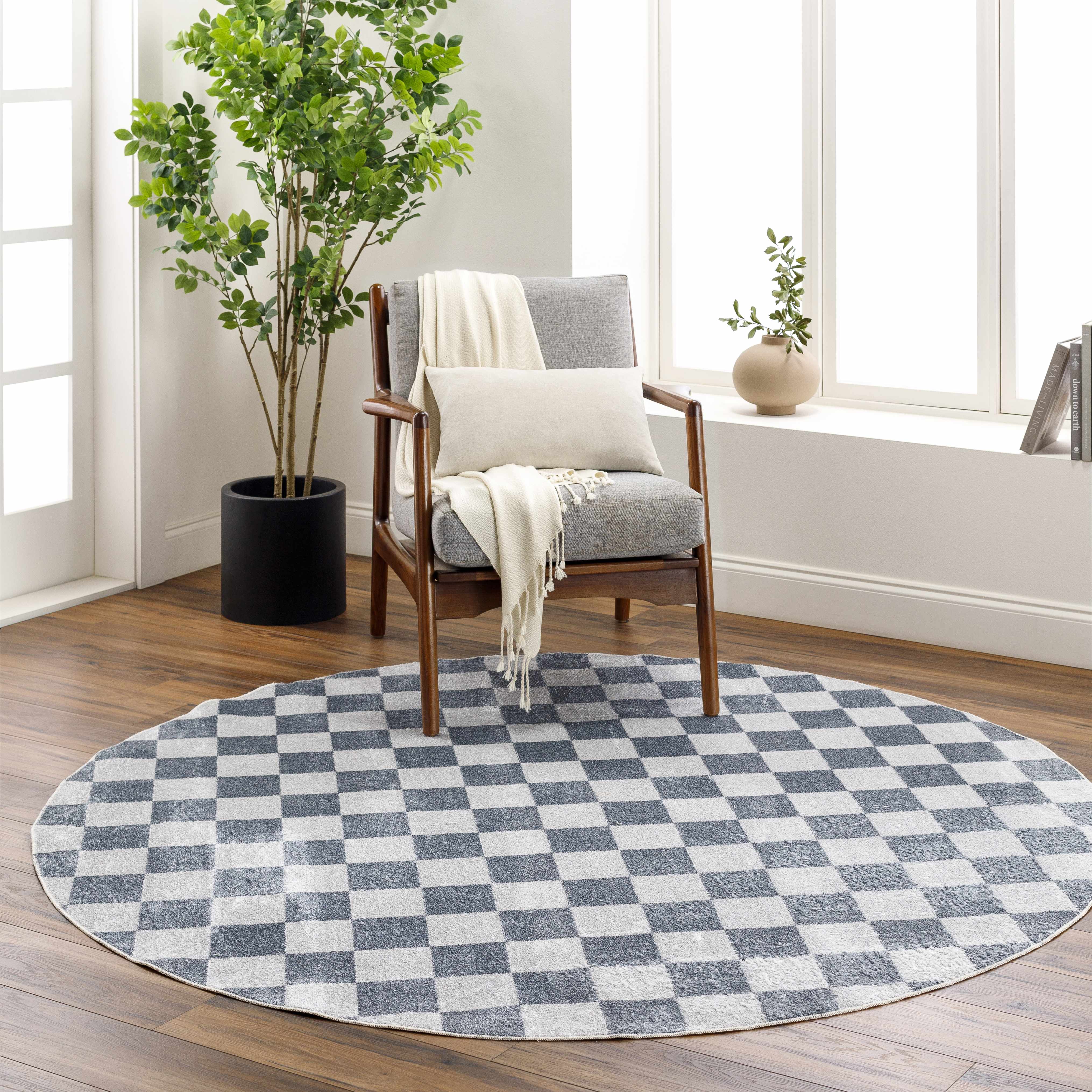 Bela Checkered Rug  Machine Washable  Blue Gray Ivory