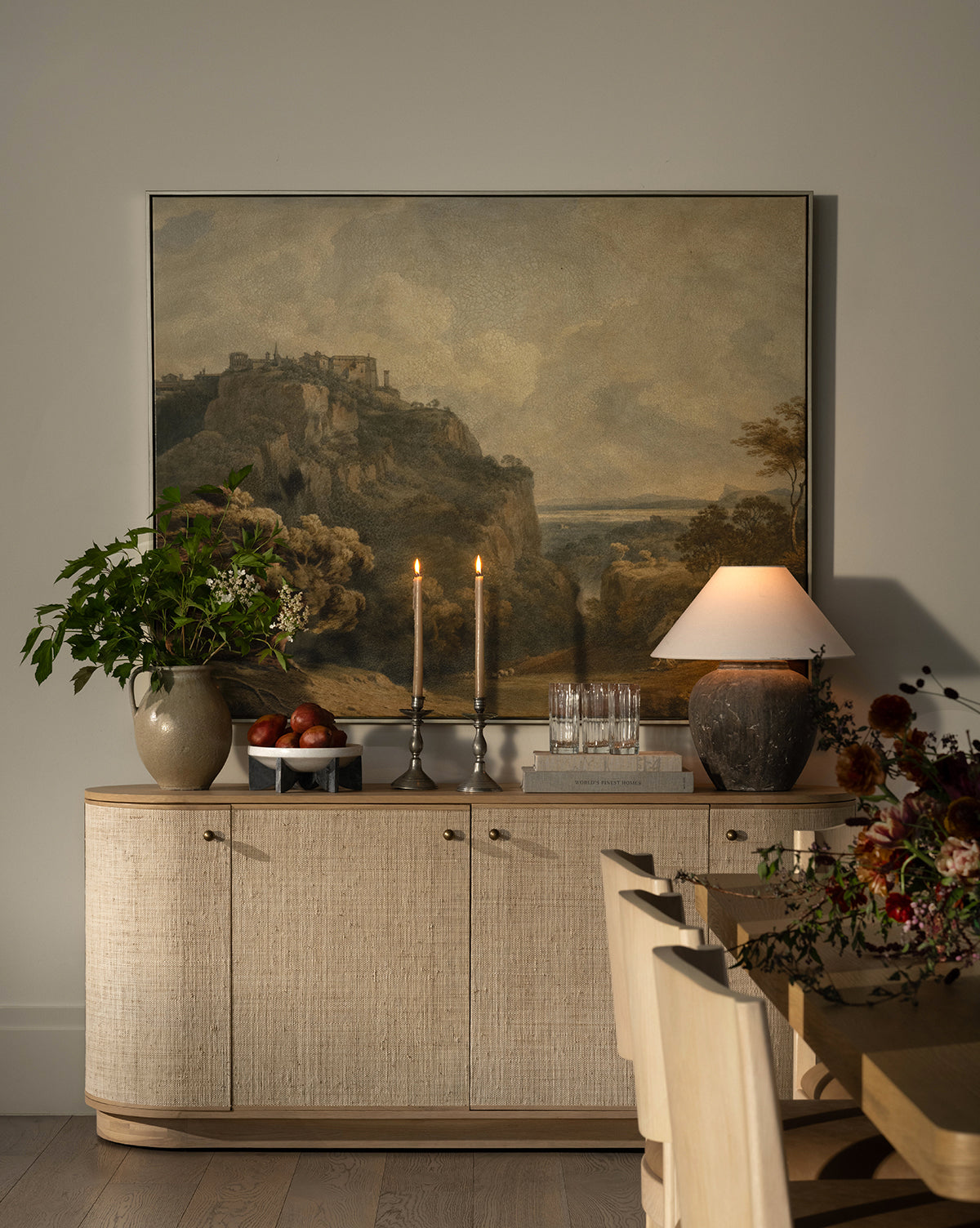 Luna Woven Sideboard  White Oak & Natural Grasscloth  Rounded Design