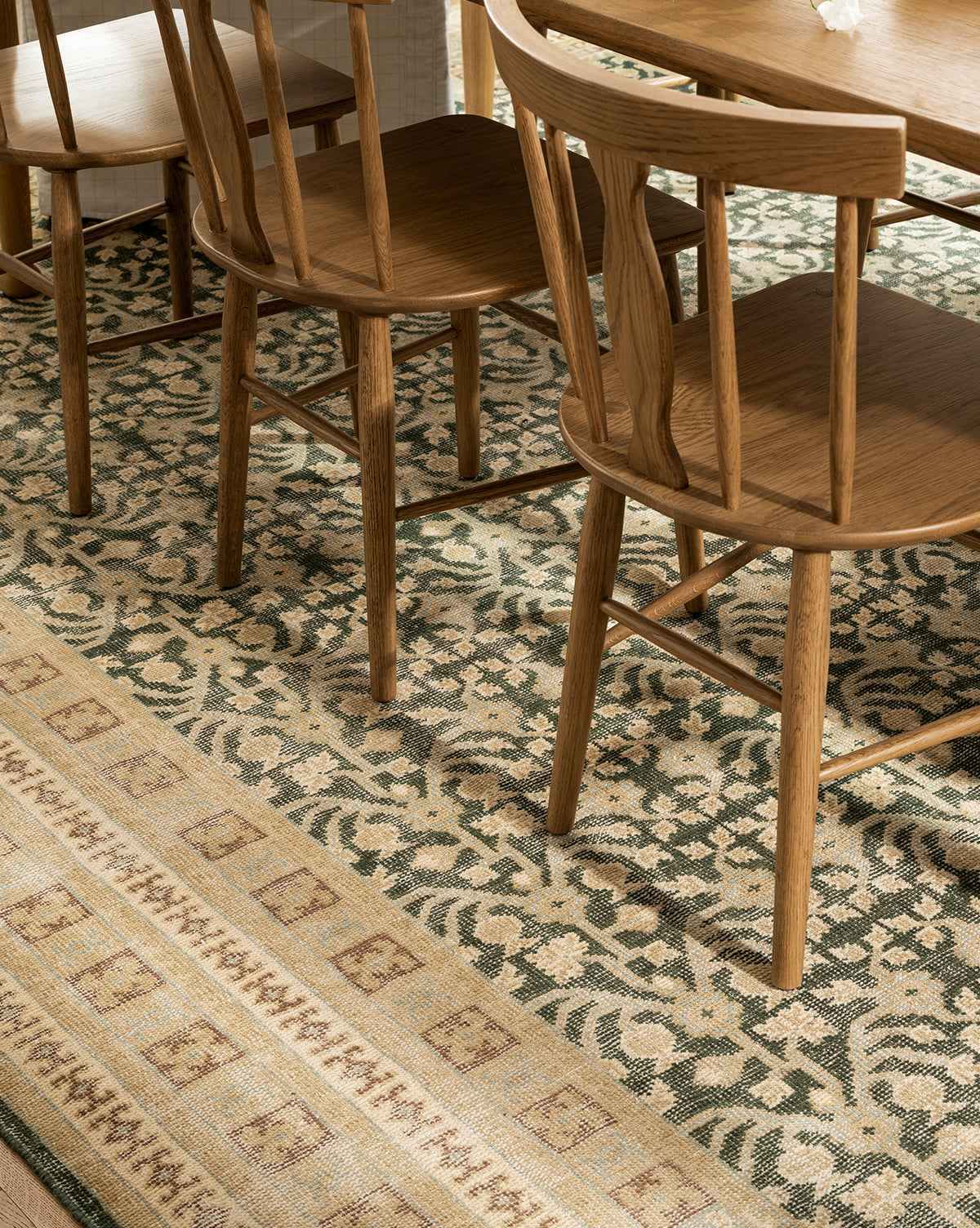 Elysian Hand-Knotted Wool Rug  Vintage Green Tan Black Design