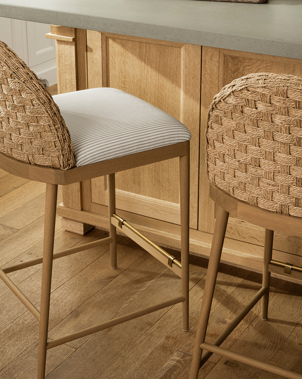 Mira Stool Solid Oak  Woven Back & Brass Detail