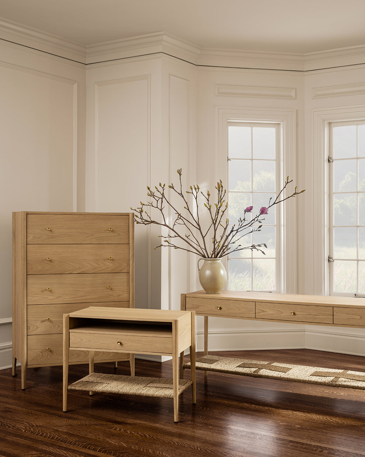Bello Nightstand White Oak  Pullout Drawer, Seagrass Shelf