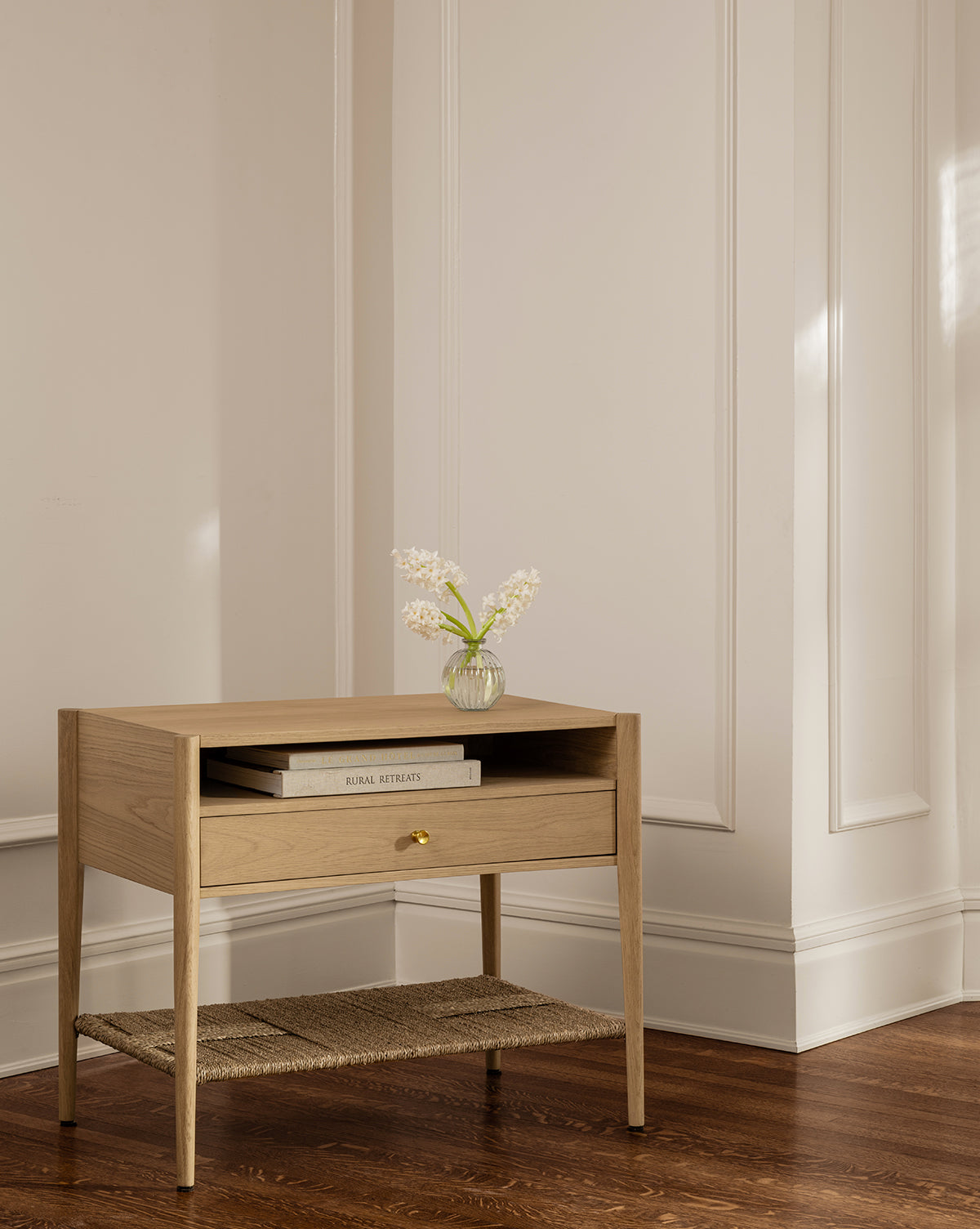 Bello Nightstand White Oak  Pullout Drawer, Seagrass Shelf