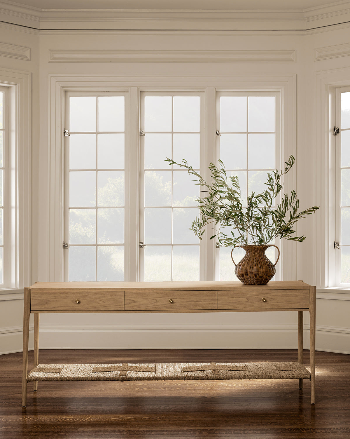 Dara Console Table  White Oak Finish, Soft-Close Drawers