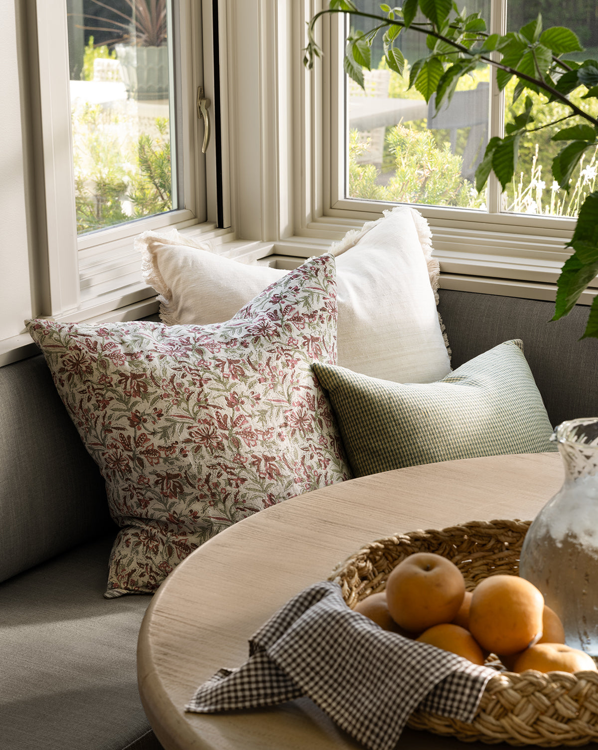 Bela Silk Fringe Pillow Cover  Woven Texture, Charcoal & Sage
