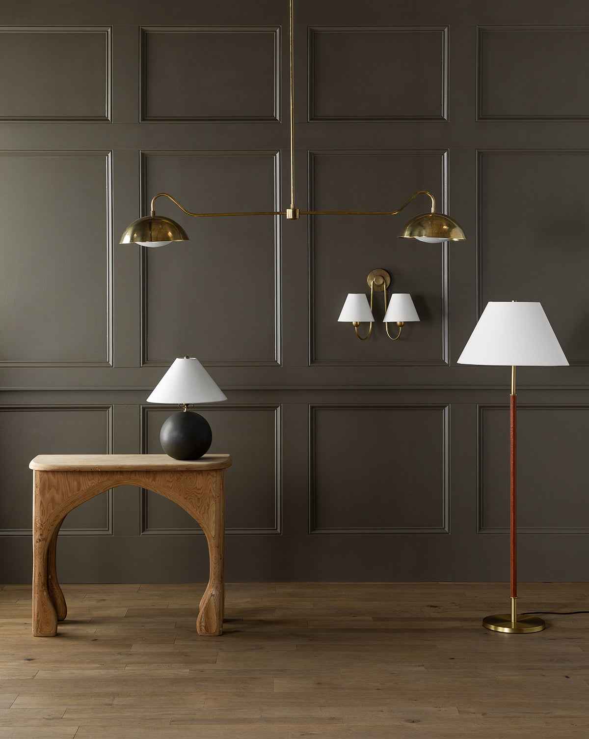 Aldora Linear Chandelier  Brass with Round Shades
