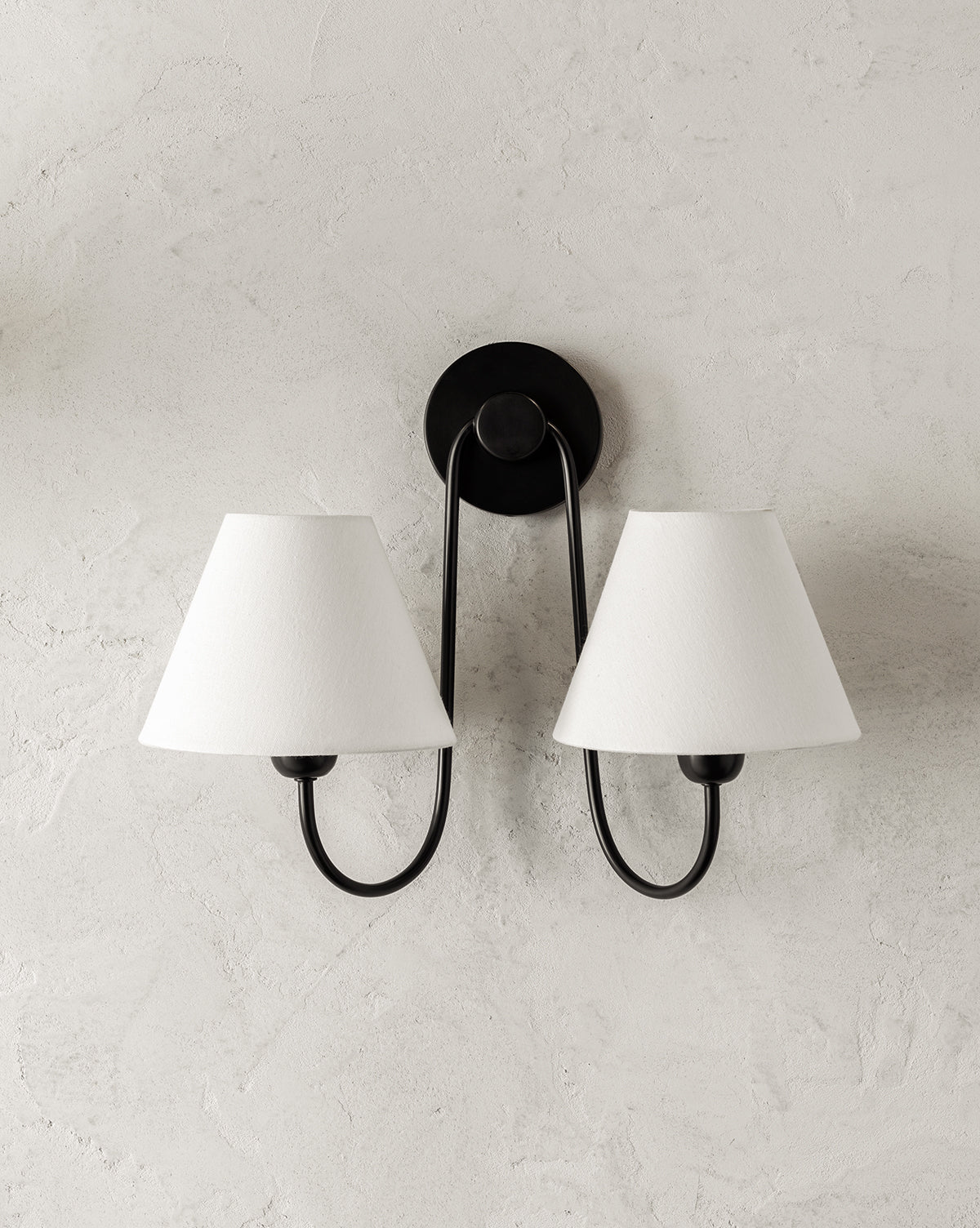 Bramble Double Swoop Sconce  Brass Body, Linen Shades
