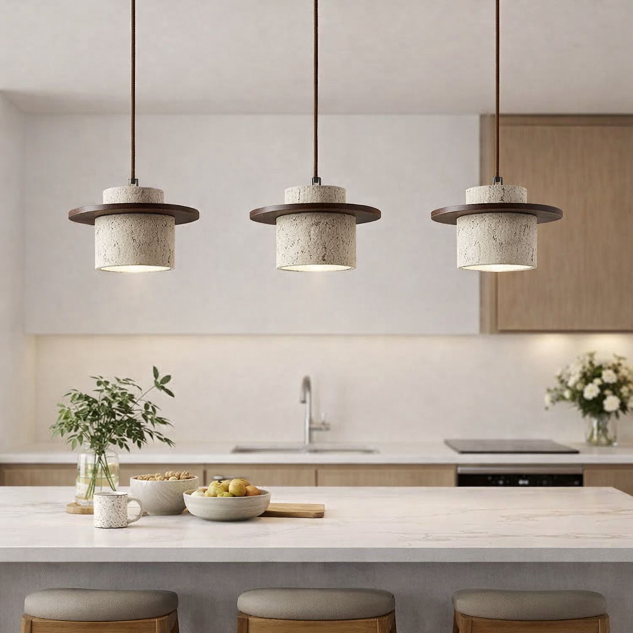 Kairo Pendant Light | Travertine & Wood, Japandi Style
