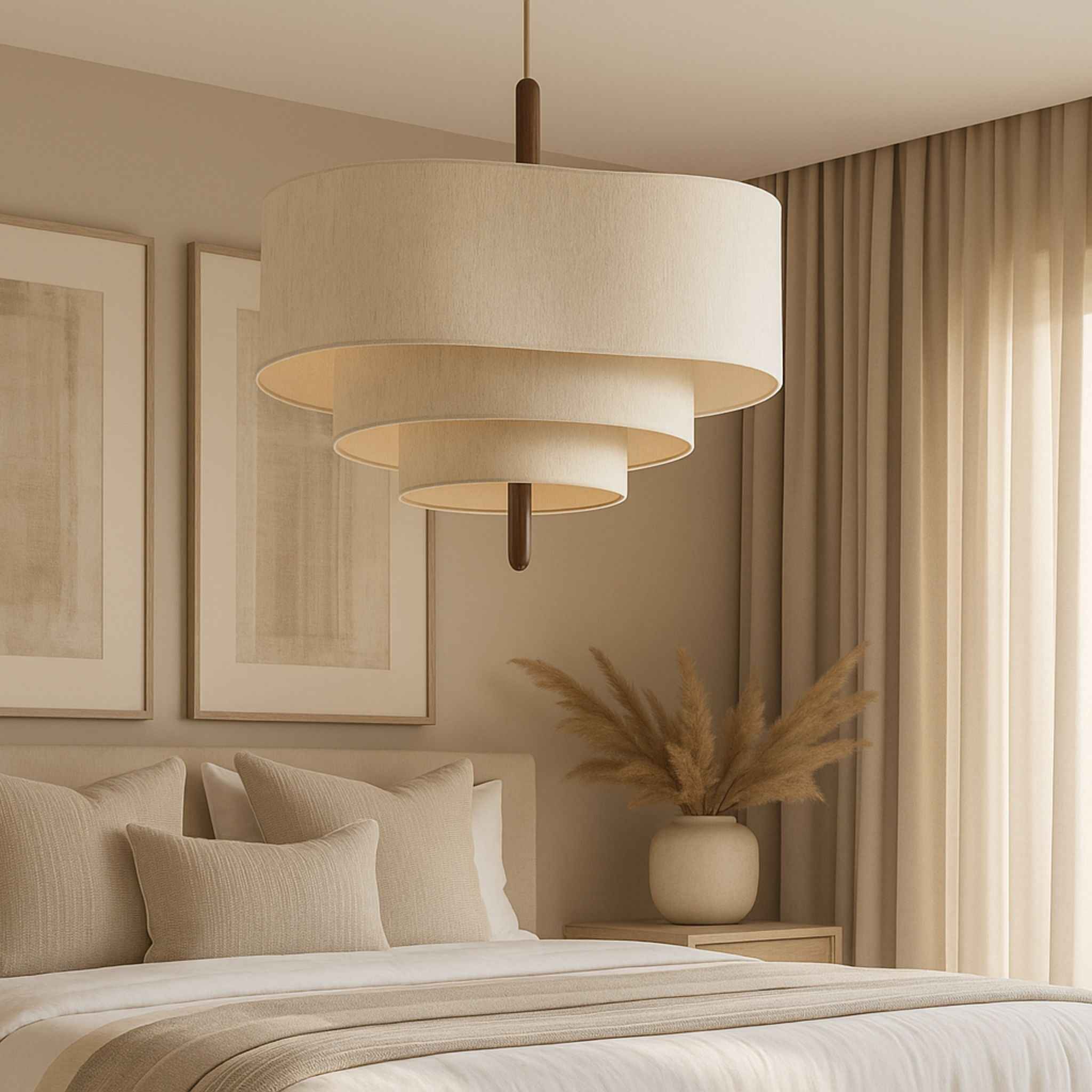 Bello Ceiling Lamp | Multi-Layered Beige Fabric & Wooden Details