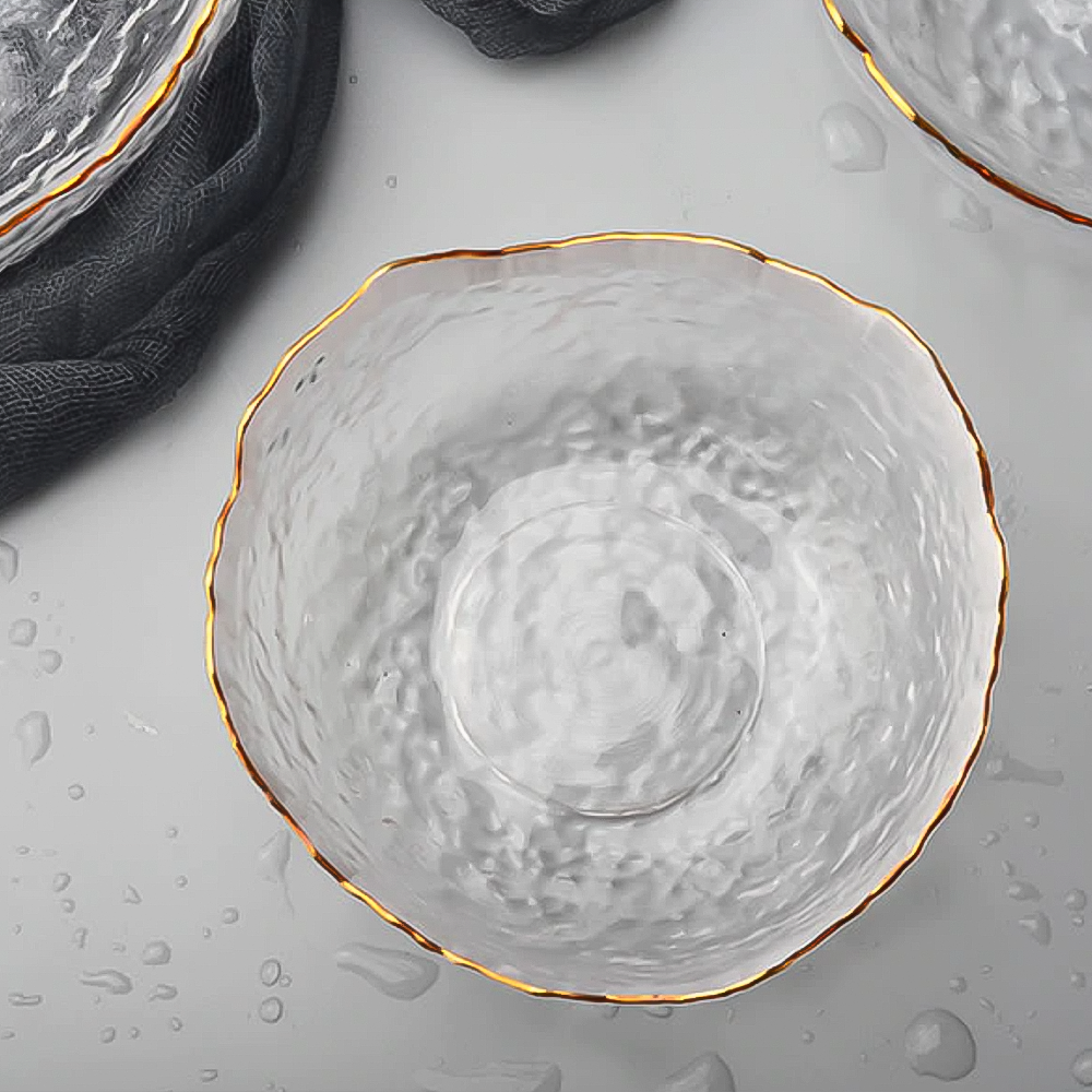 FrostBreeze Serving Bowls | Textured Glass, Gold Trim