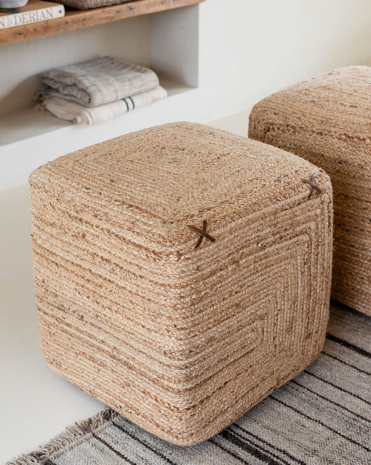 Kairo Woven Ottoman 100% Natural Jute with Leather Details