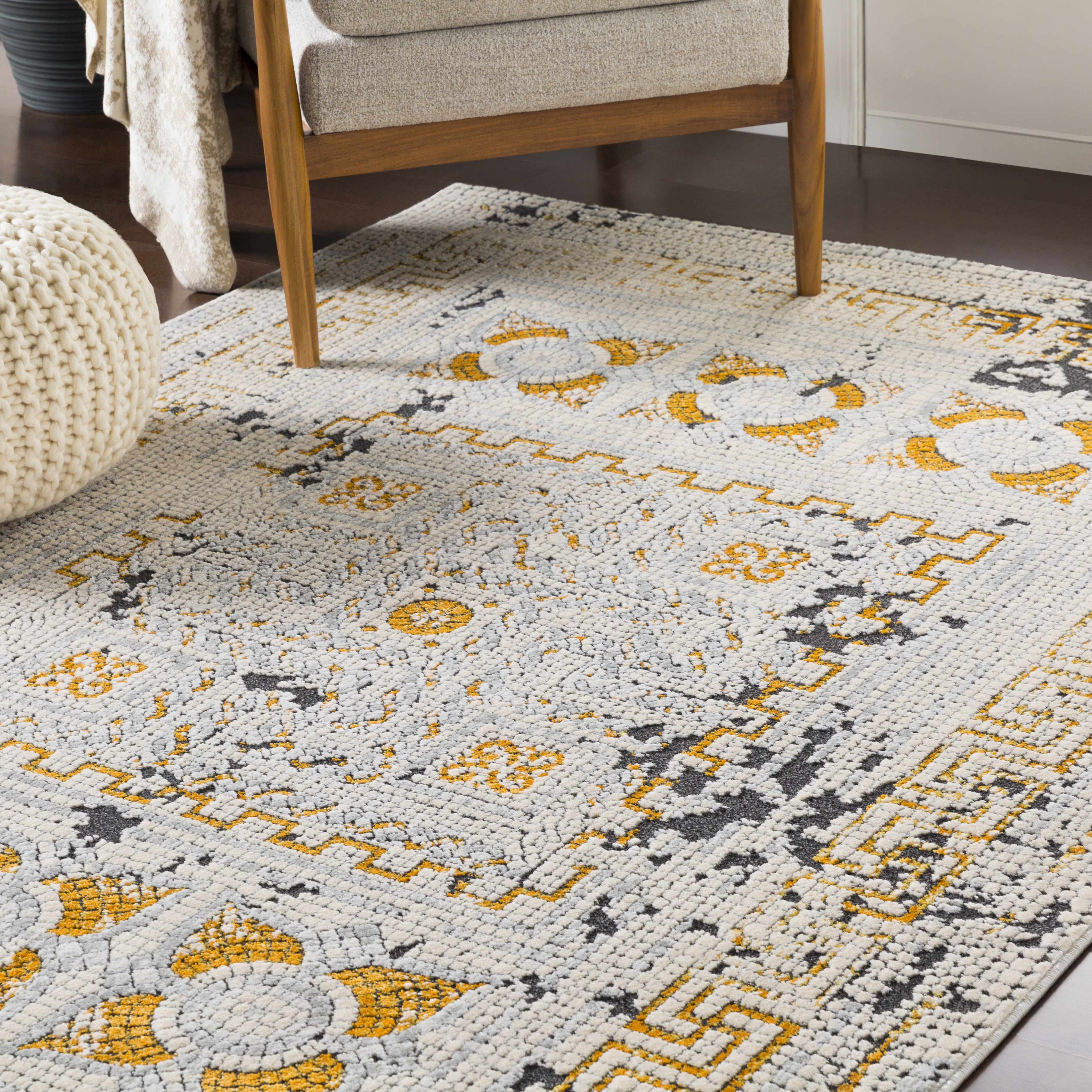 Mosaic Mustard Area Rug  Bohemian Machine Woven  Medium Pile
