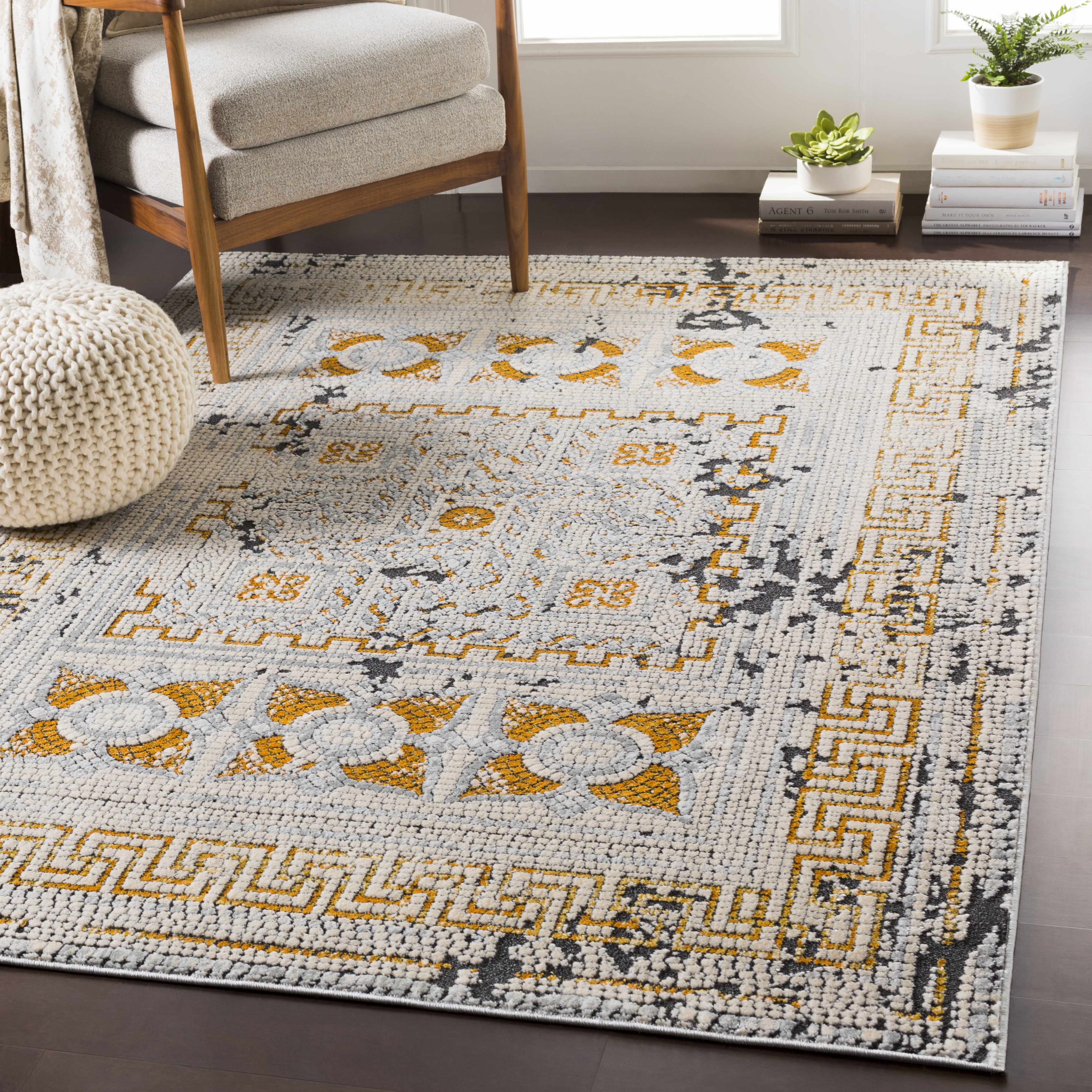 Mosaic Mustard Area Rug  Bohemian Machine Woven  Medium Pile